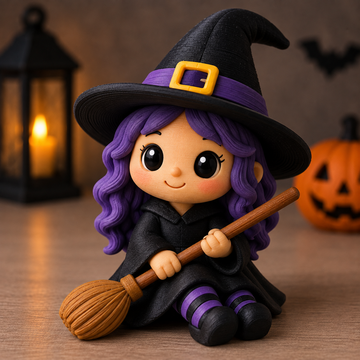 3D-gedruckte Halloween Hexe mit Besen aus PLA