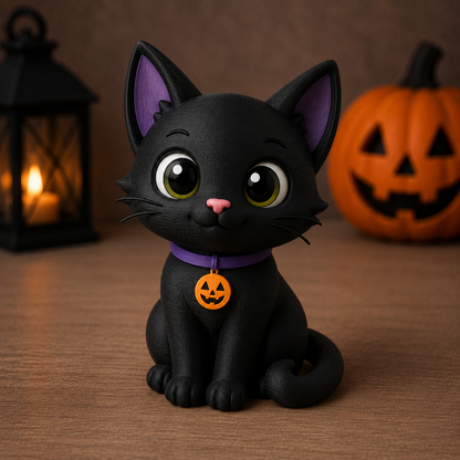 3D-gedruckte schwarze Halloween Katze mit Kürbisanhänger aus PLA